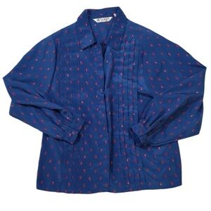 Vintage Blue red paisley print long sleeve pleated blouse Size 12